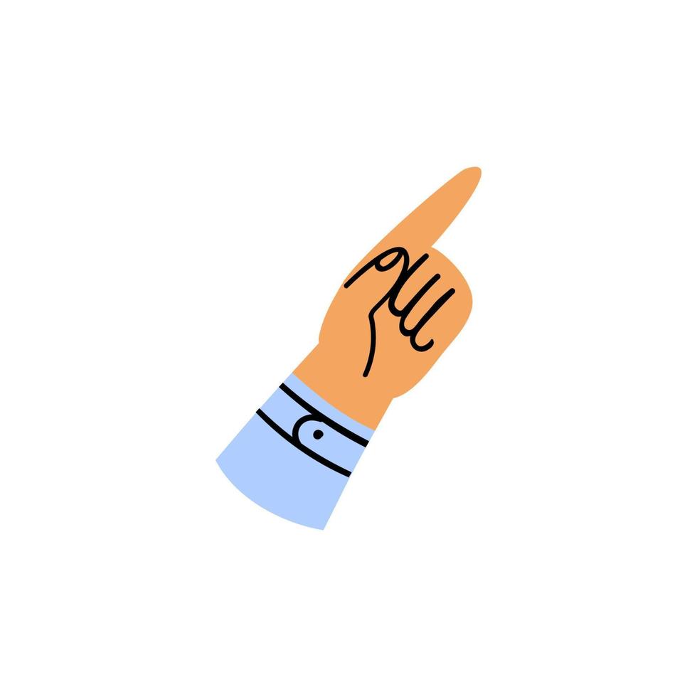 tecknad serie hand pekande rätt uppåt. ett ärm i de ärm med de index finger i en blå skjorta diagonalt. hand dragen hand gest pekande. vektor stock illustration av kropp del isolerat.