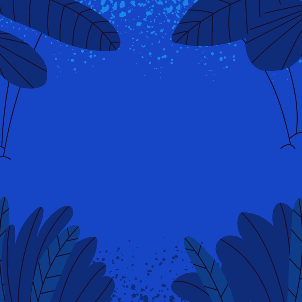 blå bakgrund med palmer och växter. en fyrkant blå ram med ett tömma fläck i de Centrum. vektor stock illustration av tecknad serie enkel natt landskap.