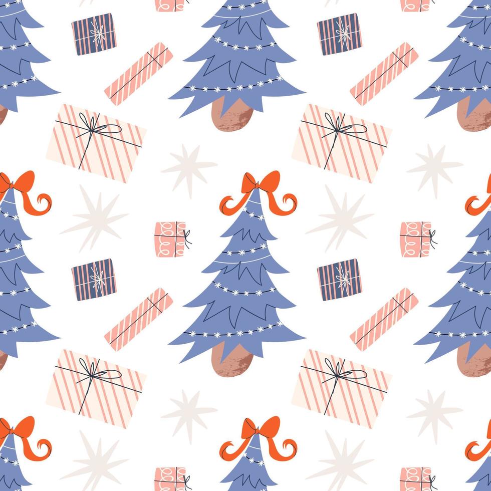 jul sömlös mönster. festlig ljus mönster med en jul träd och gåvor. vektor stock illustration på vit bakgrund med stjärnor.