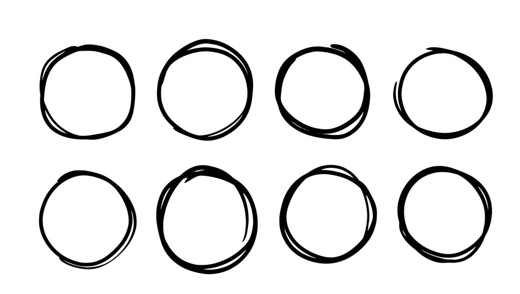 ritad för hand cirklar. uppsättning av dragen vektor cirklar. stock illustration av runda klotter översikt ramar.