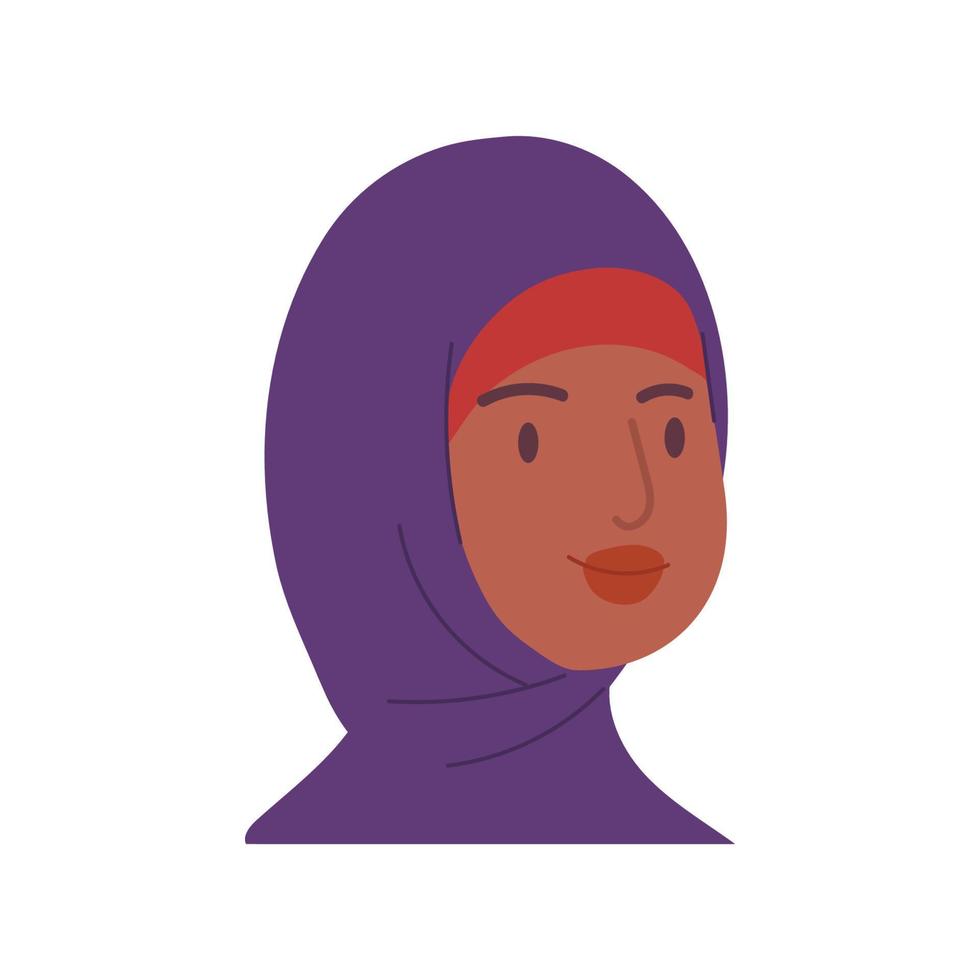 Cartoon-Kopf einer muslimischen Frau. das Gesicht eines schönen Mädchens in einem lila Hijab und einem roten Schal. arabischer Frauenillustrationsvektor lokalisiert auf weißem Hintergrund. vektor