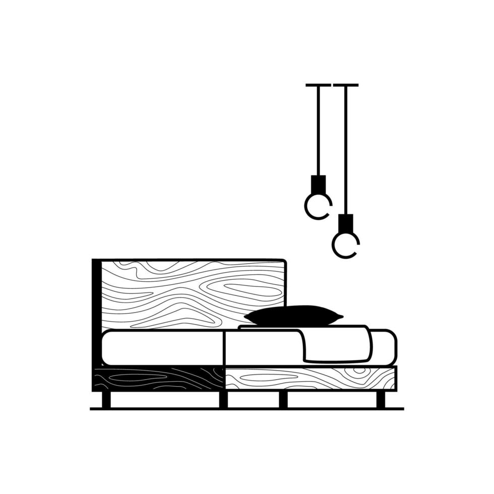 loft stil säng med en kudde och en filt på Det. minimalistisk målad trä möbel svart på vit med två hängande lampor. vektor stock illustration av möbel för de interiör i de loft stil.