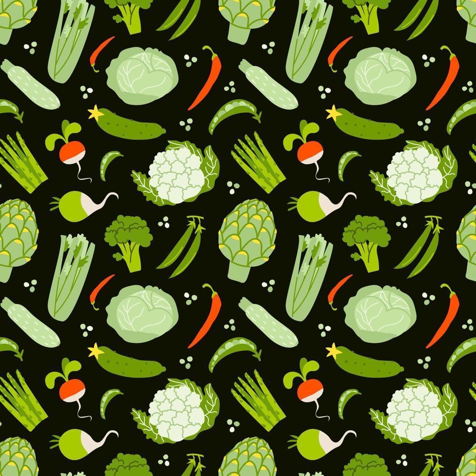 seamless mönster med grönsaker på en mörk bakgrund. ett mönster från färska ekologiska gröna grönsaker och några röda isolerade. vektor stock illustration av livsmedelsbutik bakgrund.