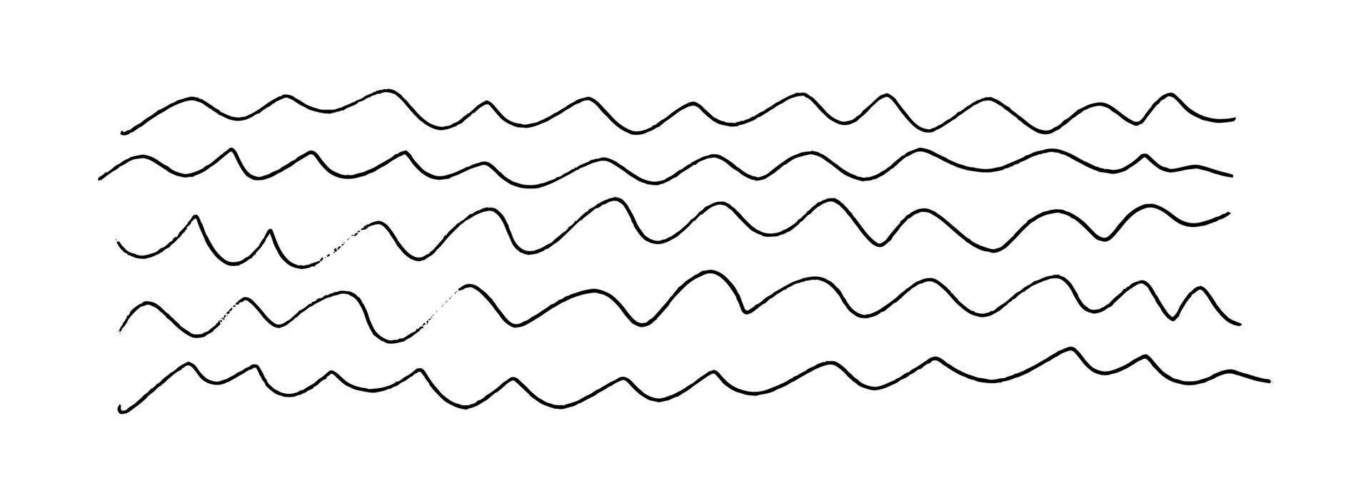 rader av klotter vågor. ritad för hand ojämn smal lång vågig former. horisontell bakgrund textur isolerat på vit. vektor