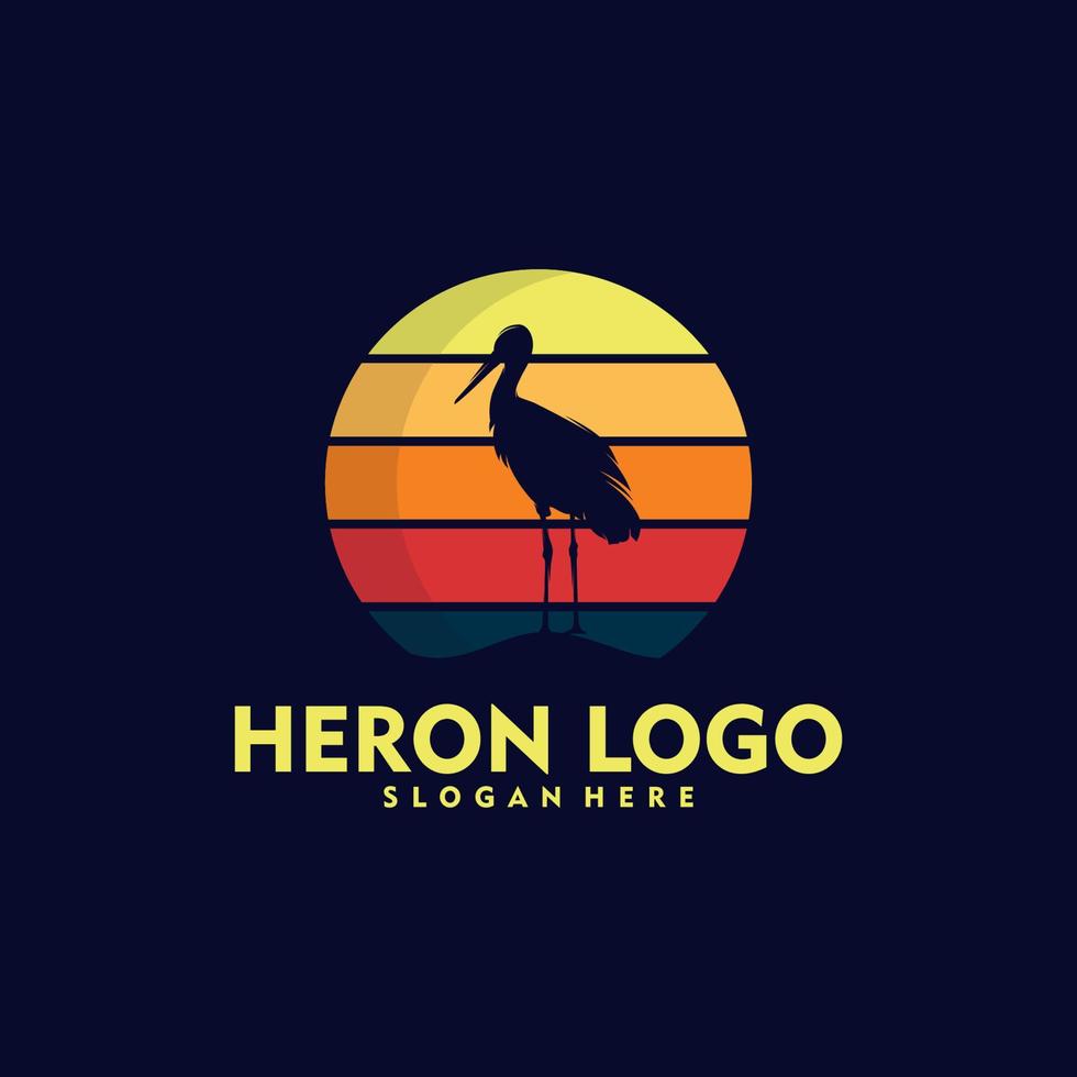 Silhouette Storch Reiher Vogel auf Sonnenuntergang Logo-Design vektor