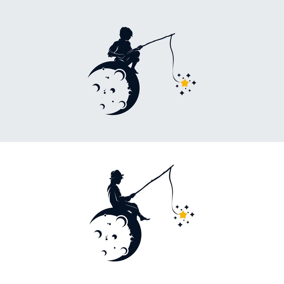 liten pojke fiske stjärnor på de måne vektor