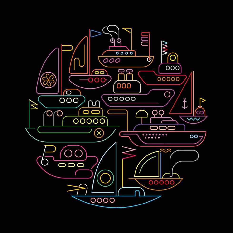 schiffe und yachten in runder neonform vektor