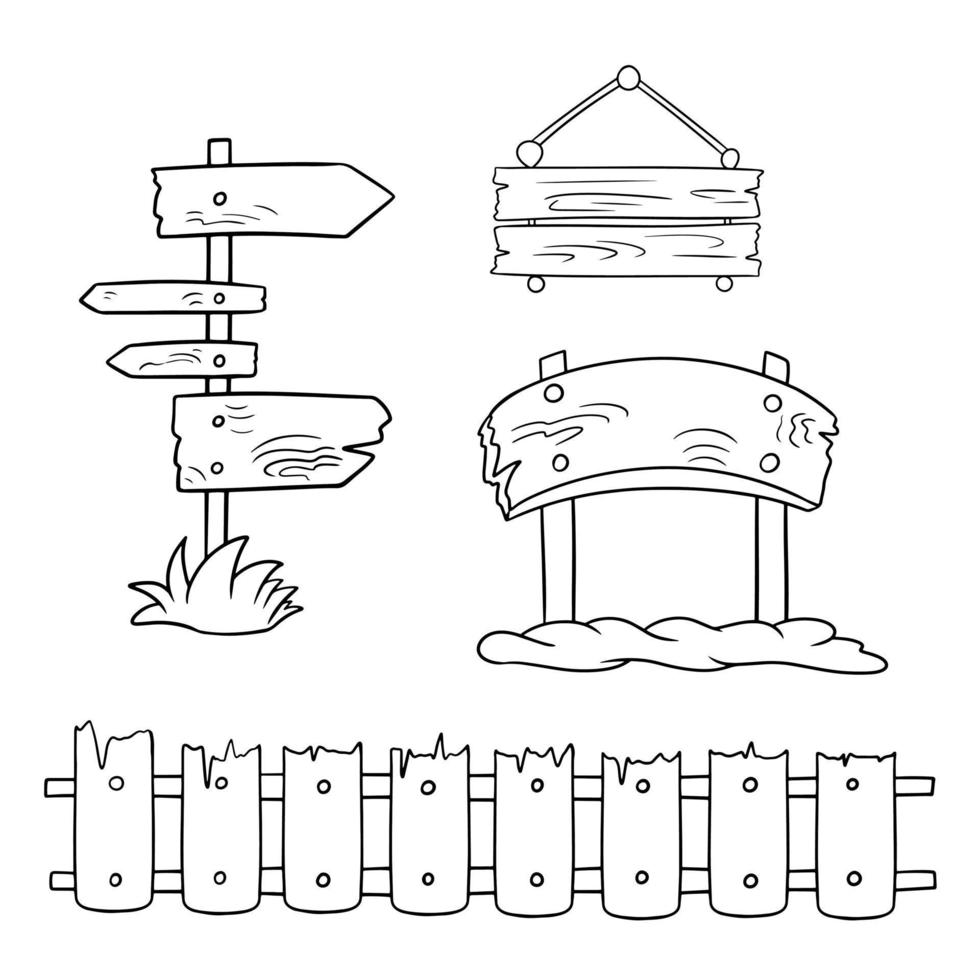 svartvit ikon uppsättning, årgång trä- objekt, lång staket, fyrkant tecken och pekare, vektor illustration i tecknad serie stil på vit bakgrund