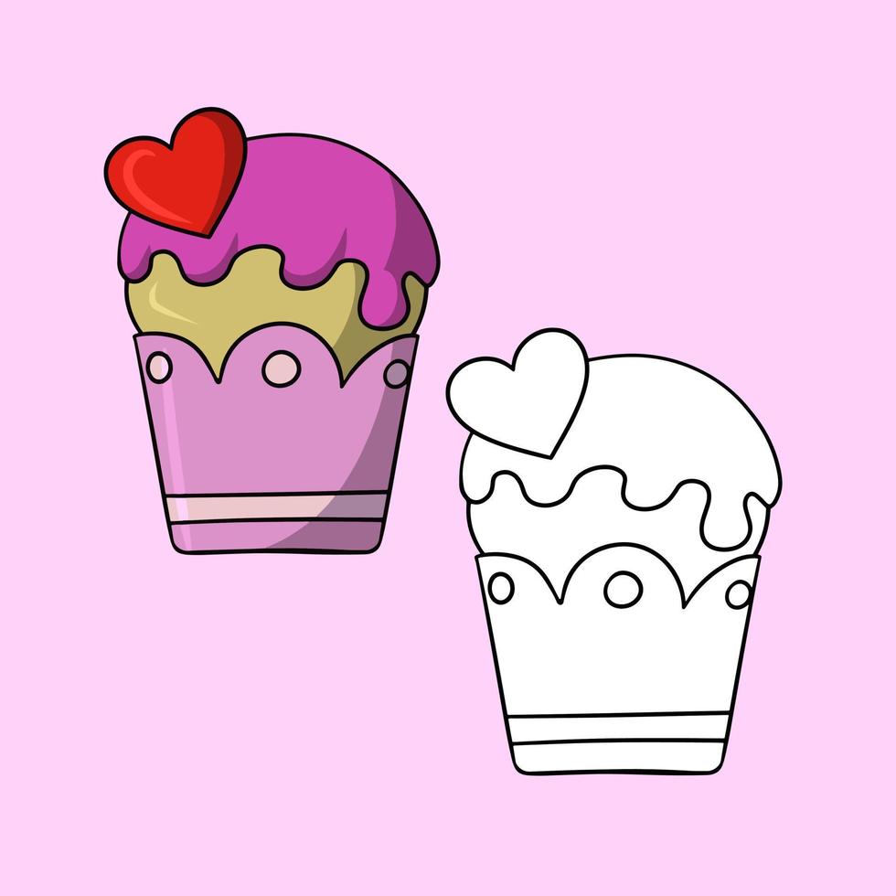 eine reihe von bildern, ein köstlicher cupcake mit rosa puderzucker und ein herz, eine vektorillustration im cartoon-stil auf einem farbigen hintergrund vektor