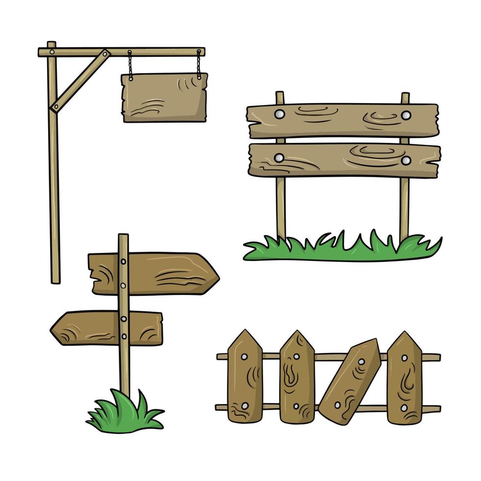 en uppsättning av färgad ikoner, antik trä- objekt, en tecken på en hög Pol, en bruten staket och en pekare, en vektor illustration i tecknad serie stil på en vit bakgrund