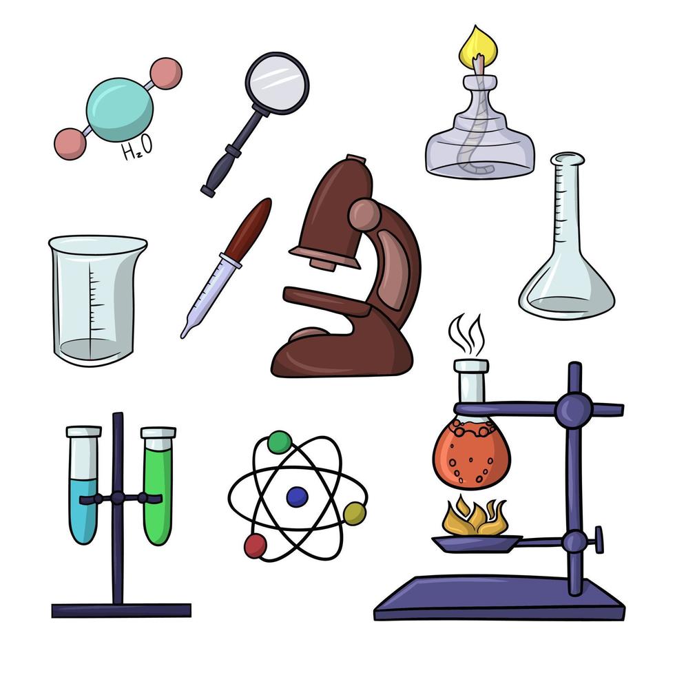 en stor uppsättning av färgad ikoner, kemisk experiment med uppvärmning, vektor illustration i tecknad serie stil på en vit bakgrund