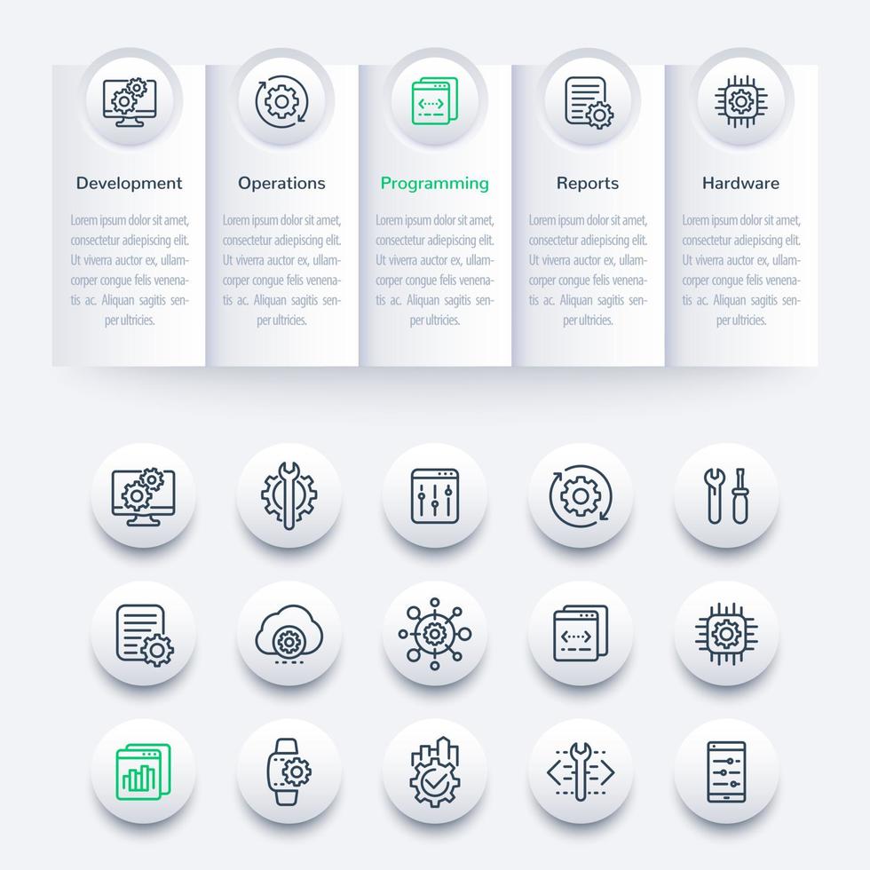 utveckling infografik, baner design och linje ikoner uppsättning vektor