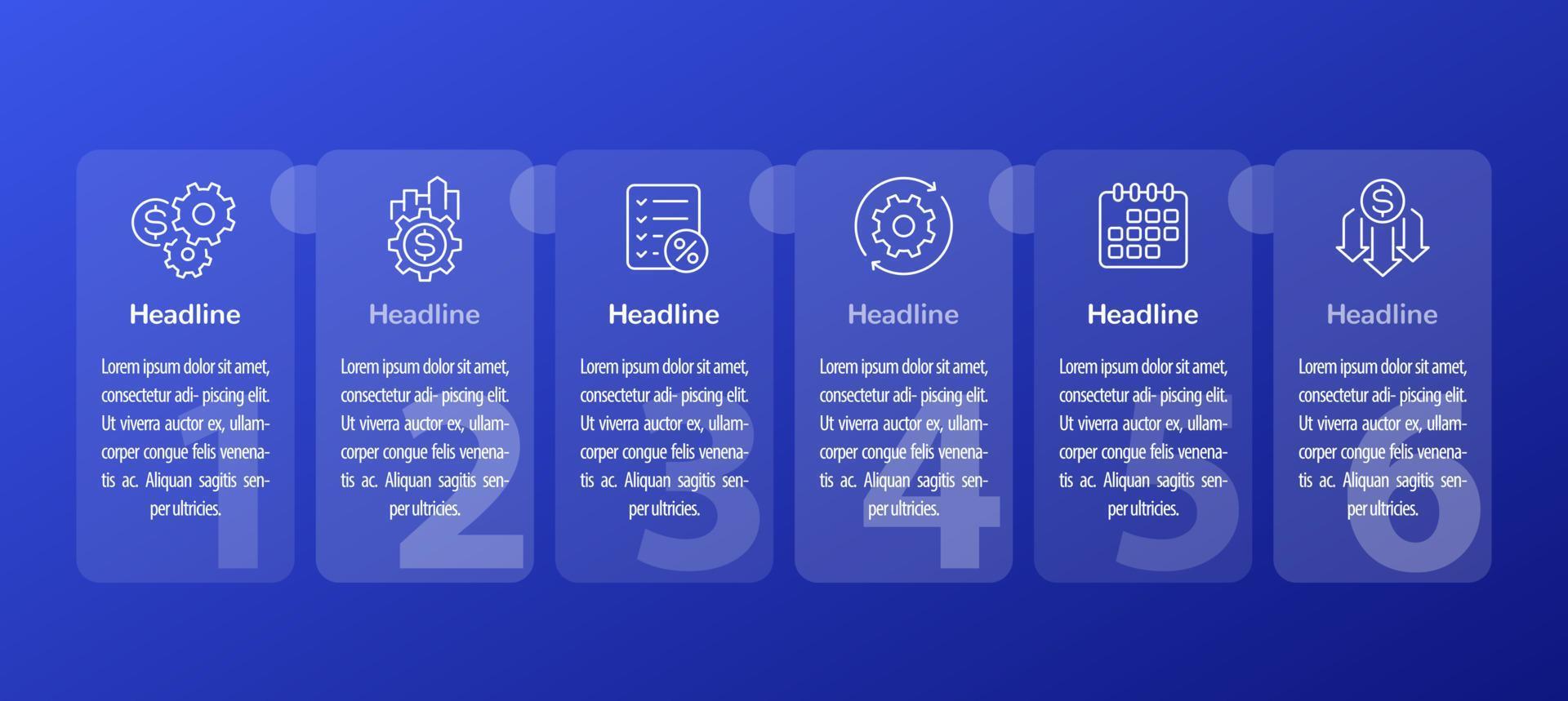 kosta effektiv och finansiell effektivitet, 6 steg infographic med linje ikoner vektor