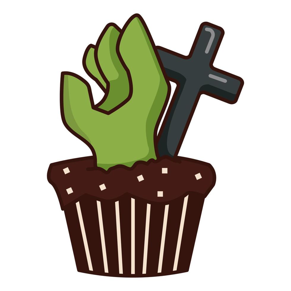 ein Cupcake mit einer Zombiehand und einem Grabsteinkreuz. Halloween-Süßigkeiten. vektor