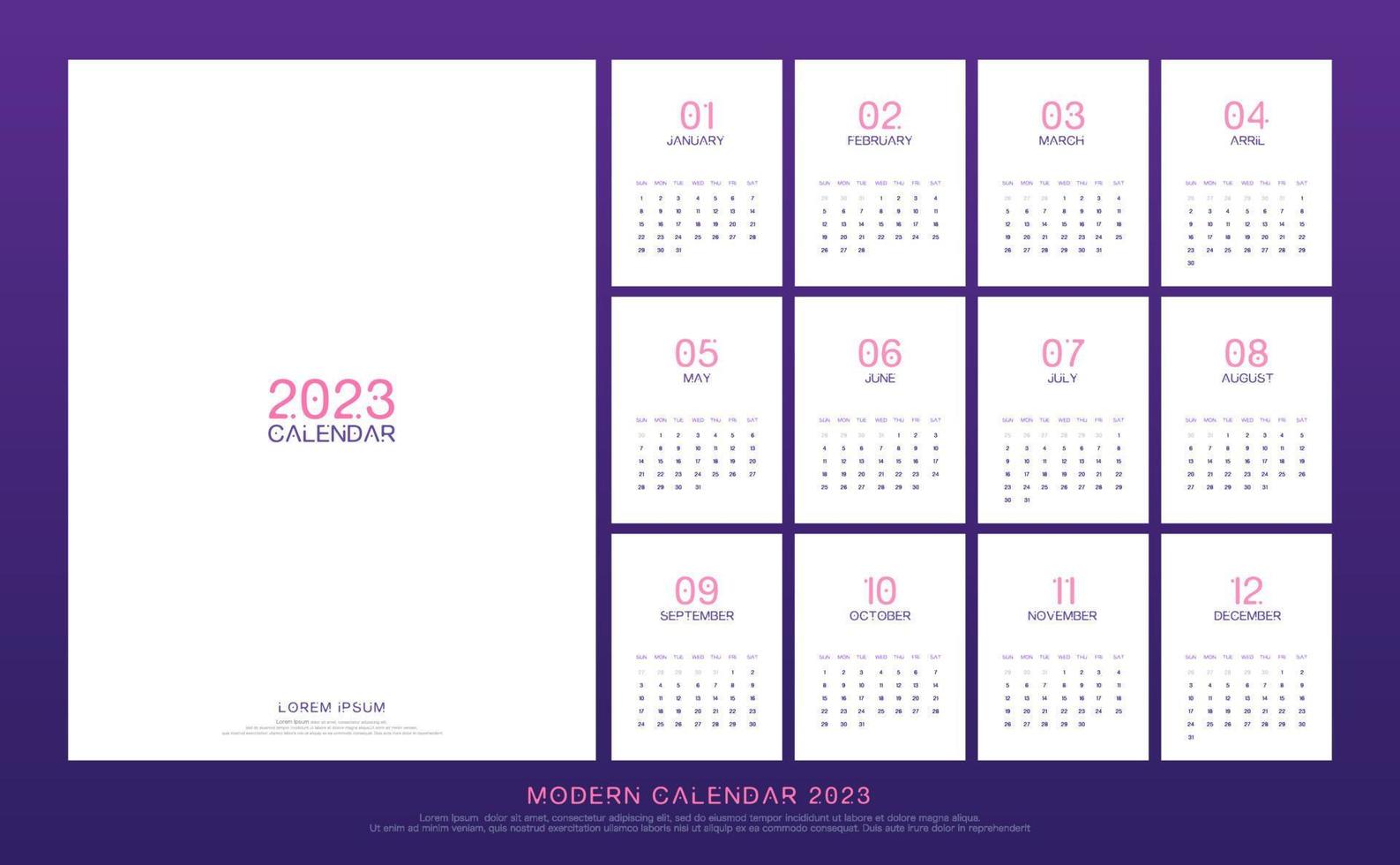 Kalender 2023 im trendigen minimalistischen Stil. modernes minimales Kalenderplaner-Design zum Drucken von Vorlagen mit 12 Seiten Tischkalender. Vektor-Illustration vektor