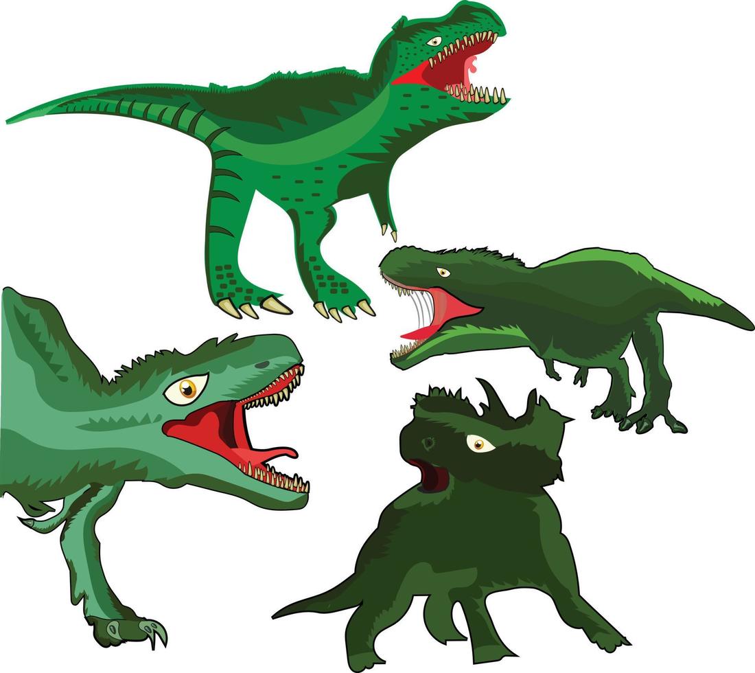 ClipArt uppsättning av söt färgad dinosaurier. t Rex, diplodocus, triceratops, pterodactel. vektor illustration i tecknad serie stil.