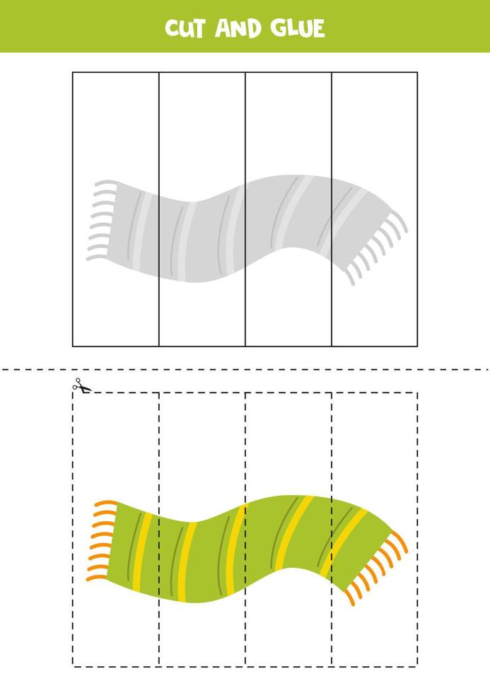 Schnitt- und Klebespiel für Kinder. handgezeichneter grüner Schal. vektor
