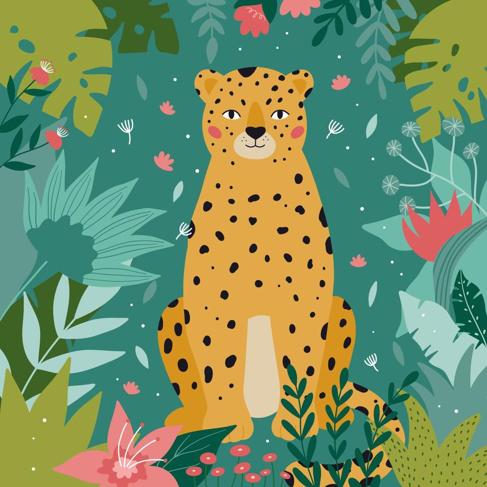 rolig leopard med tropisk blommor och växter. hand dragen handflatan löv. klotter djungel djur. platt stil vektor illustration.