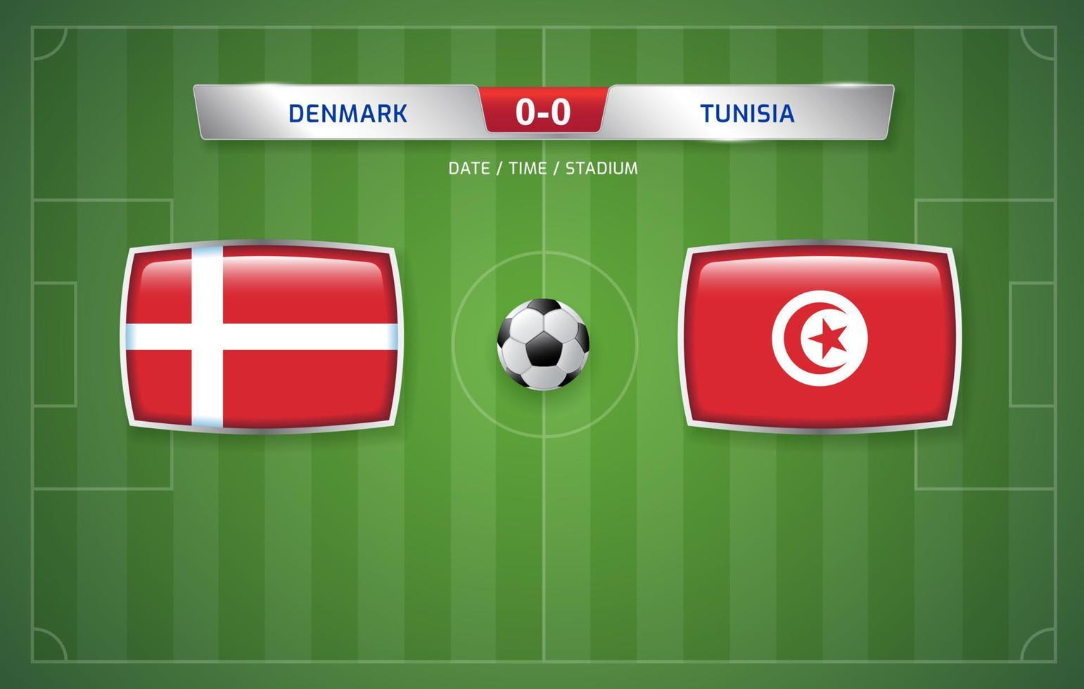 dänemark vs. tunesien anzeigetafel ausstrahlungsvorlage für sportfußballturnier 2022 und fußballmeisterschaftsvektorillustration vektor