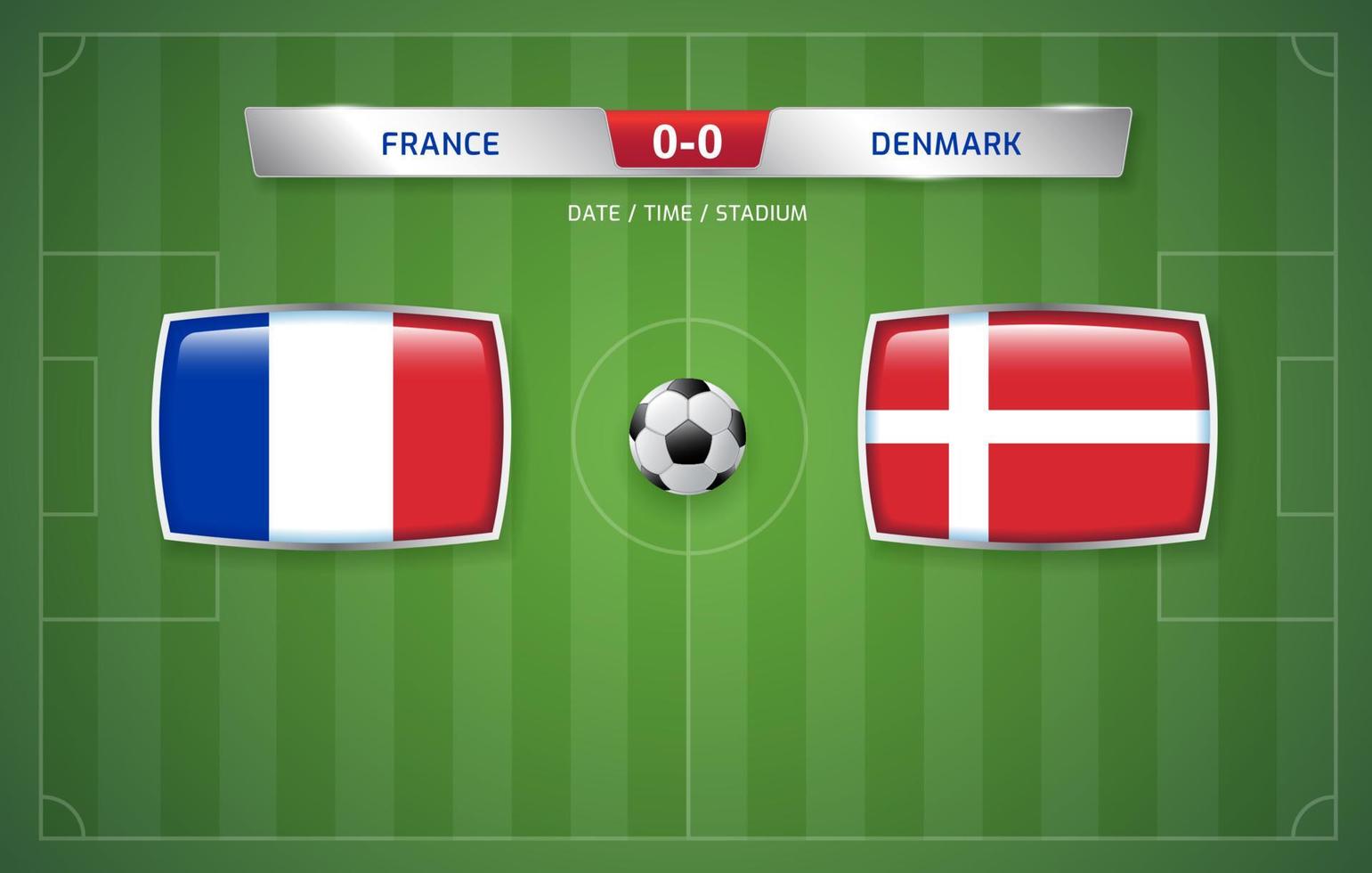 Anzeigetafel-Sendevorlage Frankreich vs. Dänemark für Sportfußballturnier 2022 und Fußballmeisterschaftsvektorillustration vektor