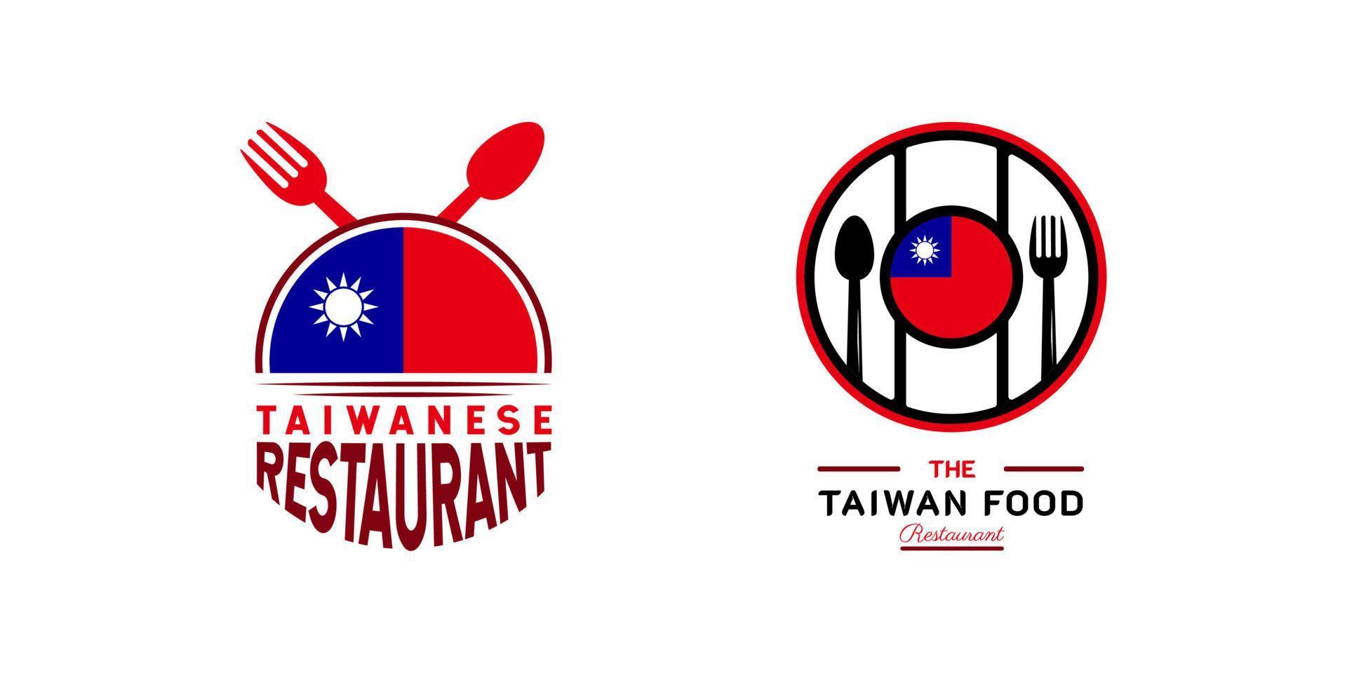 Logo des taiwanesischen Restaurants. Taiwan-Flaggensymbol mit Symbolen für Sonne, Löffel und Gabel. Luxus- und Premium-Logo-Illustration vektor