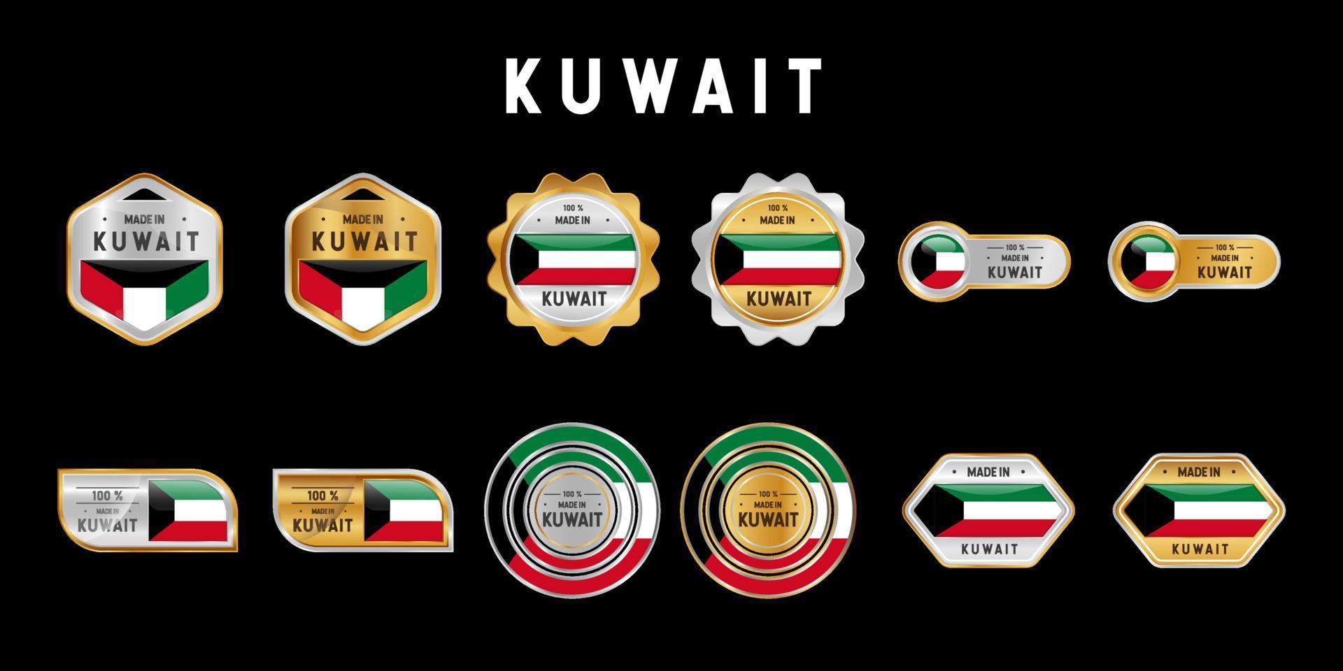 tillverkad i kuwait märka, stämpel, bricka, eller logotyp. med de nationell flagga av kuwait. på platina, guld, och silver- färger. premie och lyx emblem vektor