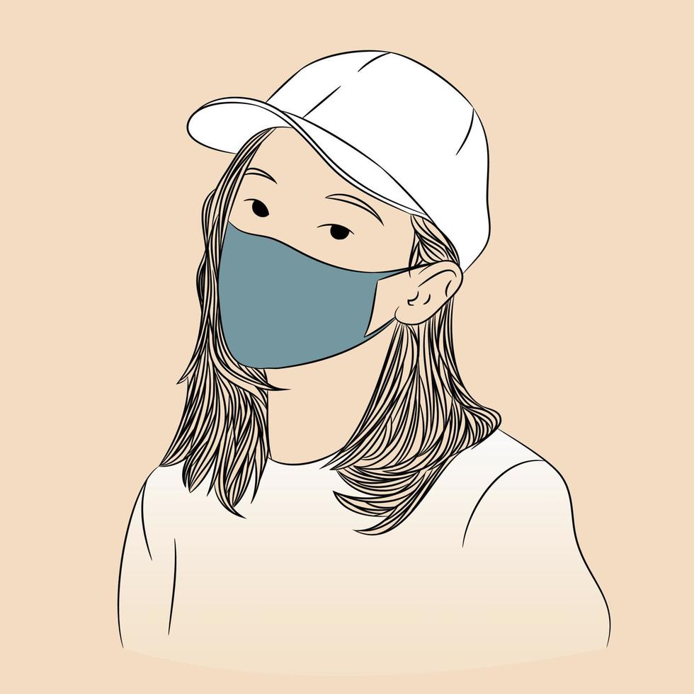 junge frau mit hut und gesichtsmaske linie kunstillustration. glatte haarillustration. vektor