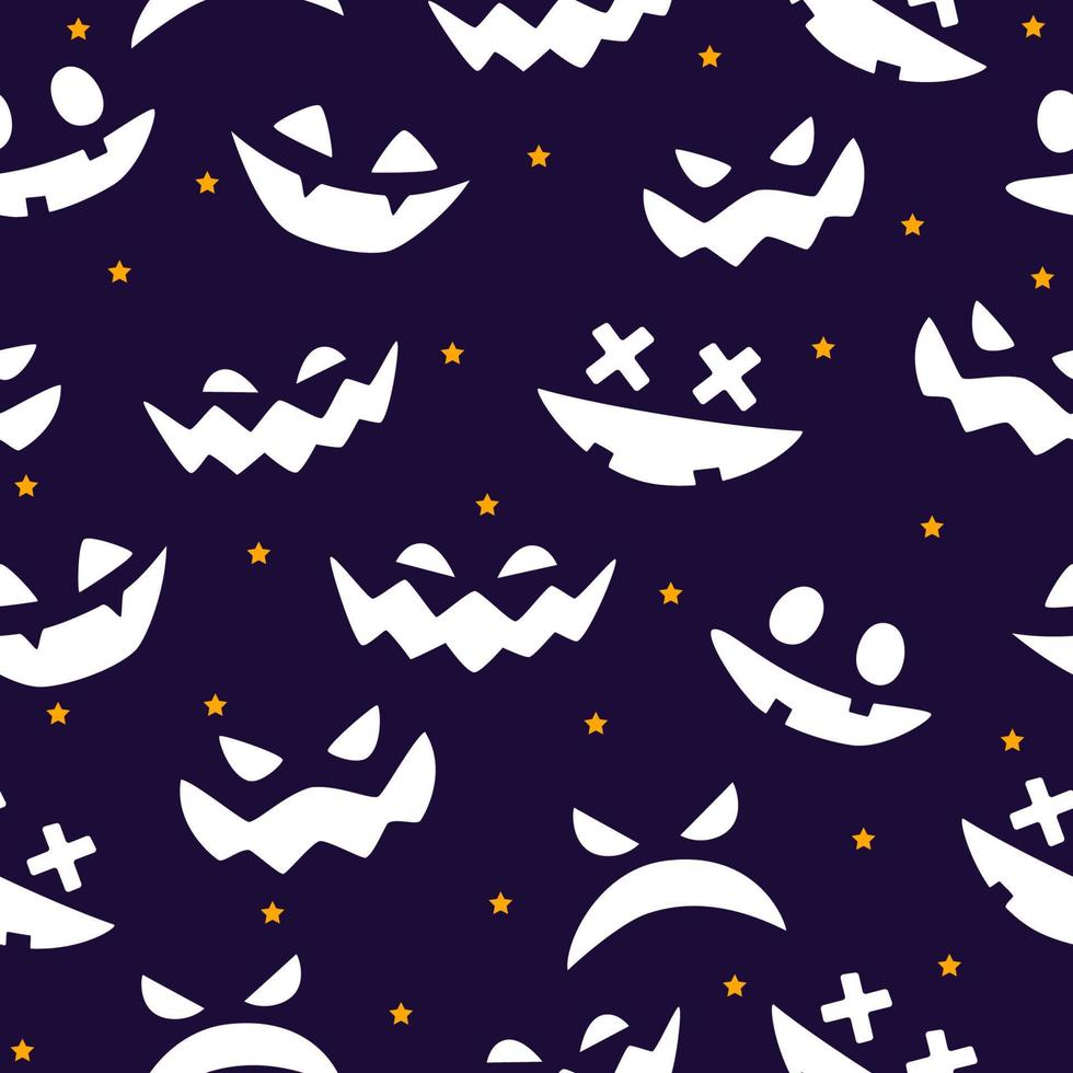 Halloween-Kürbisse geschnitzte Gesichter Silhouetten nahtlose Muster auf dunklem Hintergrund. Gruselige und lustige Gesichter von Halloween-Kürbis oder Geist. Vektor-Illustration vektor