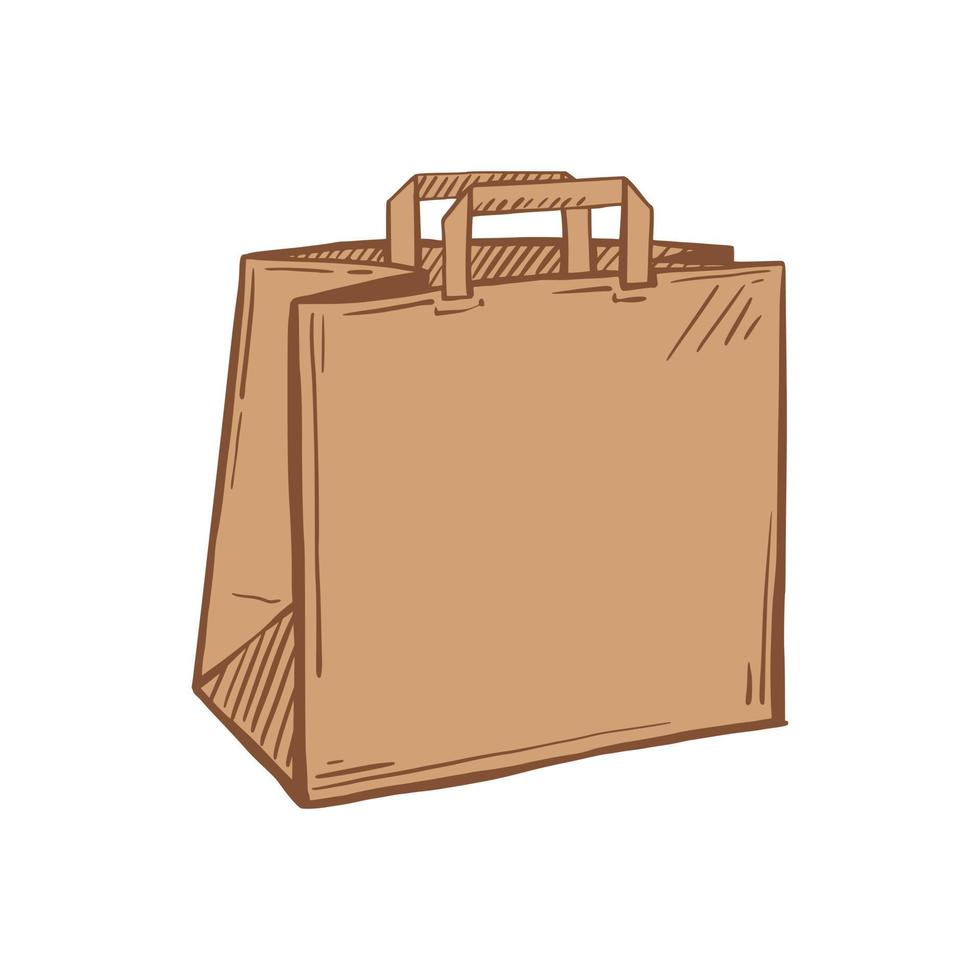 leverans väska skiss på en vit isolerat bakgrund. brun papper väska med handtag. mat leverans. vektor ritad för hand illustration.