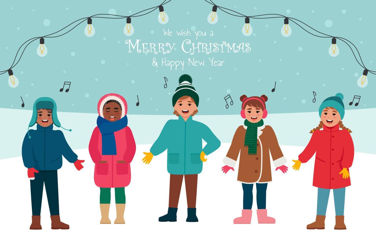 Kinder singen Weihnachtslieder. frohe weihnachten und guten rutsch ins neue jahr grußkarte oder banner. vektorillustration im flachen stil vektor