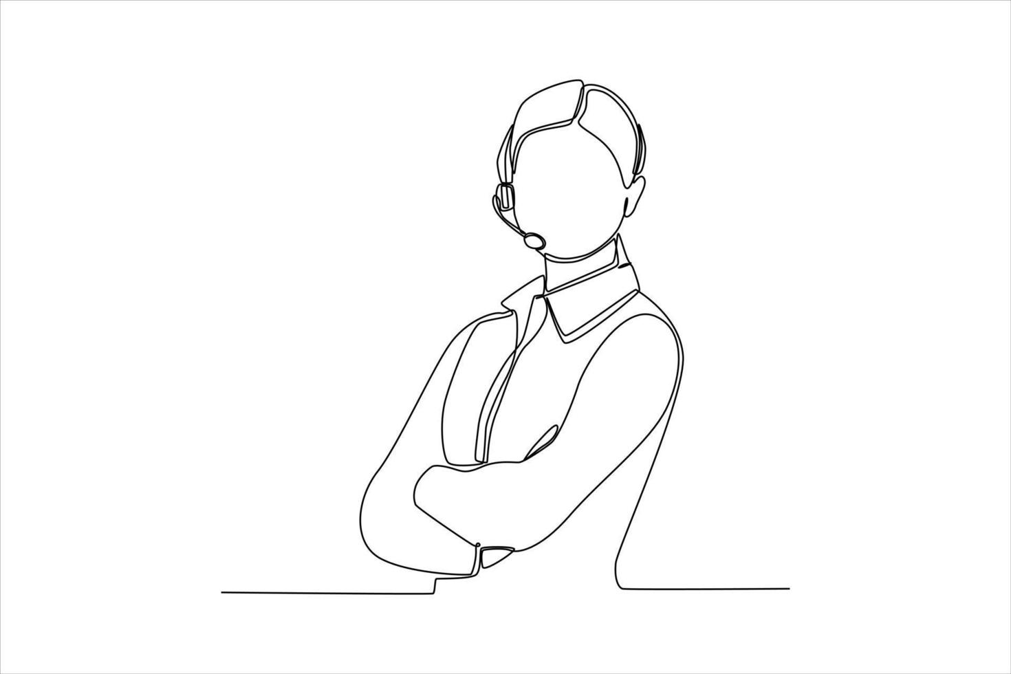 Single One Line Drawing schöne Frau Kundendienstmitarbeiterin im Headset mit verschränkten Armen. Kundenservice-Konzept. ununterbrochene Linie zeichnen grafische Vektorillustration des Designs. vektor