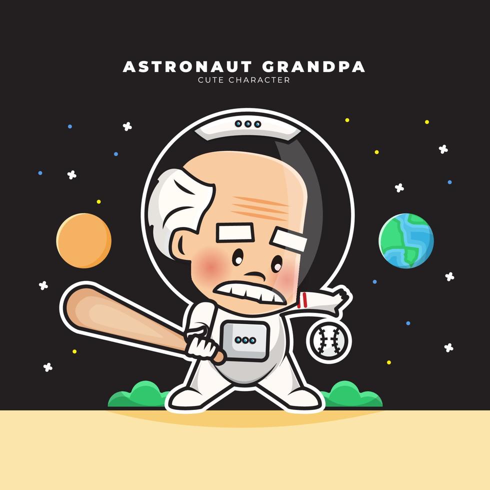 niedliche zeichentrickfigur von opa-astronauten spielt baseball vektor