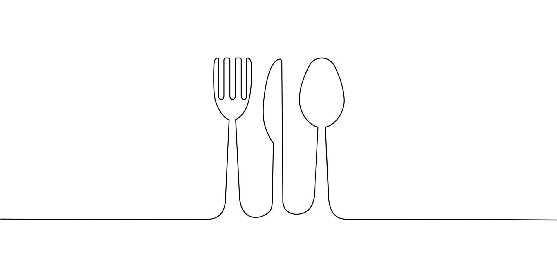 durchgehende Linienzeichnung von Gabel, Messer und Löffel auf weißem Hintergrund. vektor