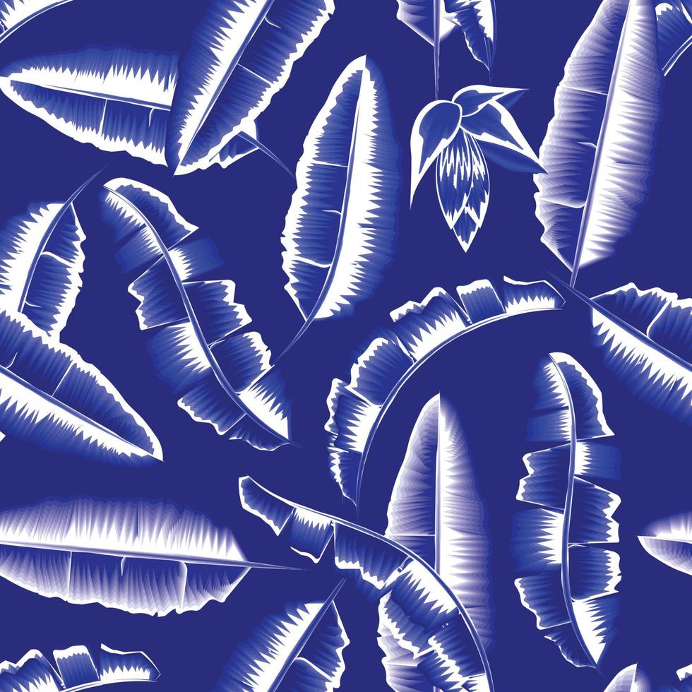 monochromatisches blaues Bananenblatt, das hell auf dunklem Hintergrund leuchtet. tropische nahtlose musterpflanzen modern. Sommer thematisiert. Laub Hintergrund. Vektor-Tapete. Naturtapete vektor