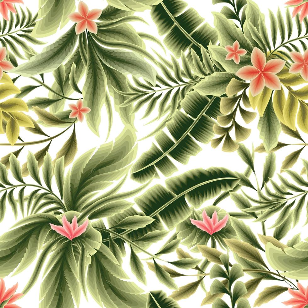 tropisk bakgrund sömlös mönster med växter löv och lövverk på vit bakgrund. exotisk naturlig grön växt. söt blommig mönster av abstrakt vektor design. sömlös textur. vår tapet