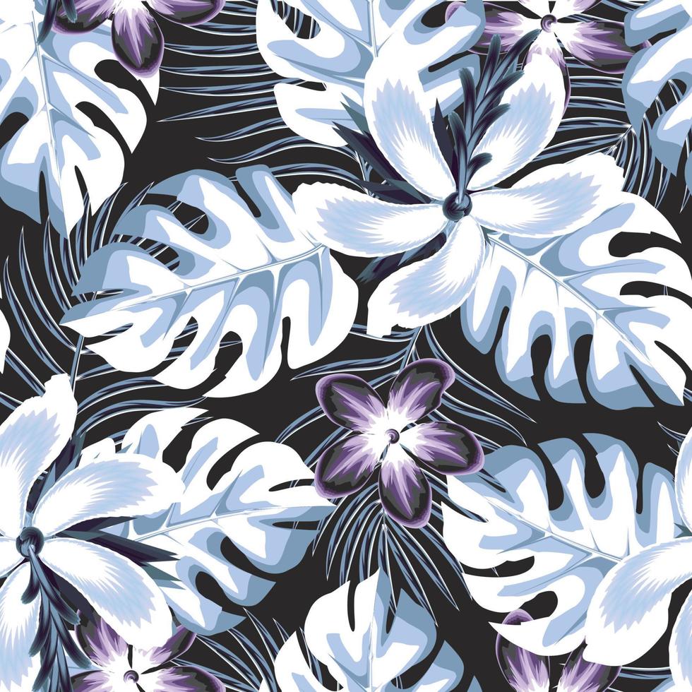 sommernahtloses tropisches muster mit hellblauen monstera-blättern und palmblattpflanzen auf schwarzem hintergrund. modernes abstraktes Design für Stoff, Papier, Inneneinrichtung. Sommer bunter Hawaiianer. Herbst vektor