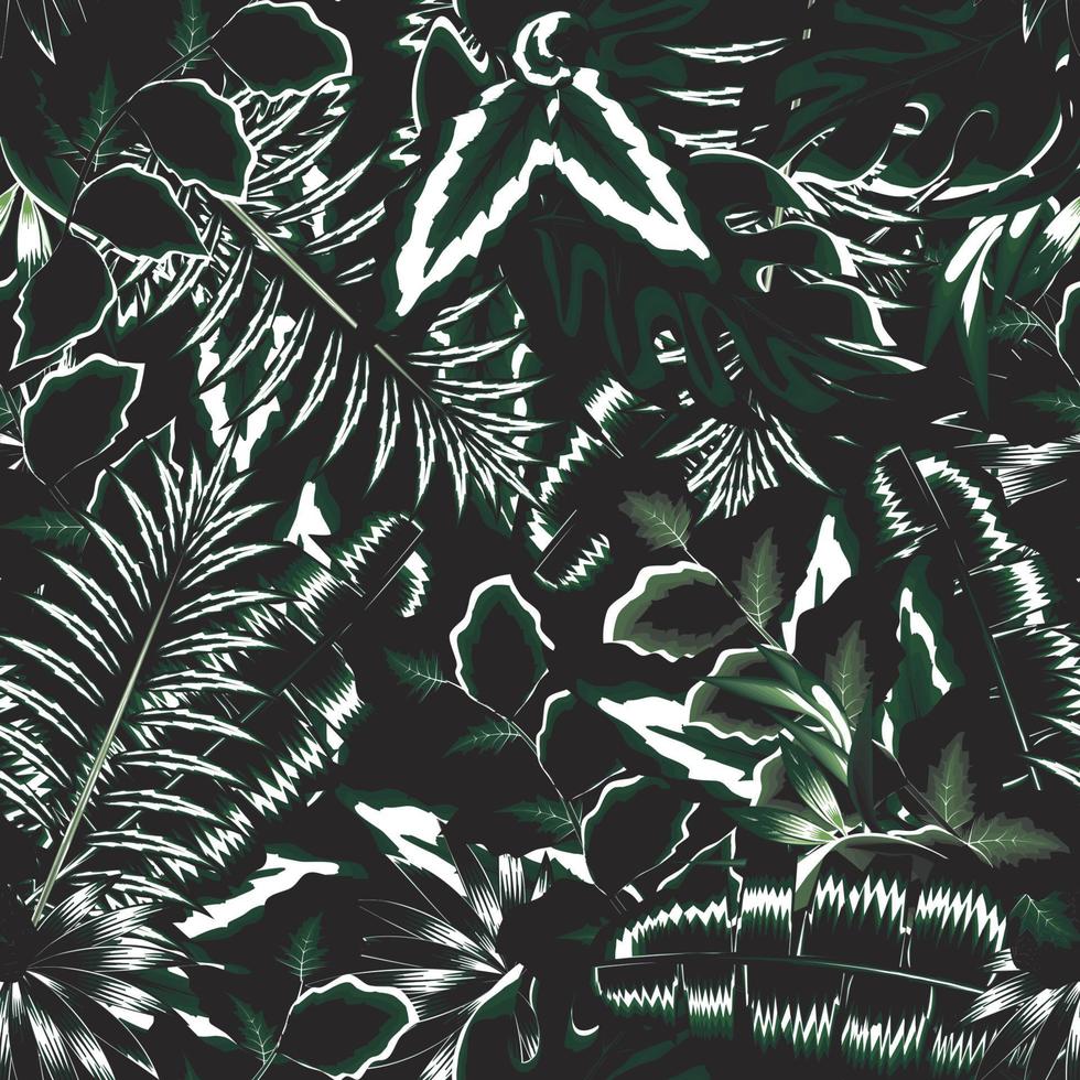 Nachthintergrund-Vektordesign mit glühendem Regenwald auf der modischen Beschaffenheit der tropischen Pflanzen des dunklen nahtlosen Musters. Dschungel-Tapete. exotische Tropen. Sommerdesign. Waldtapete. Natur vektor