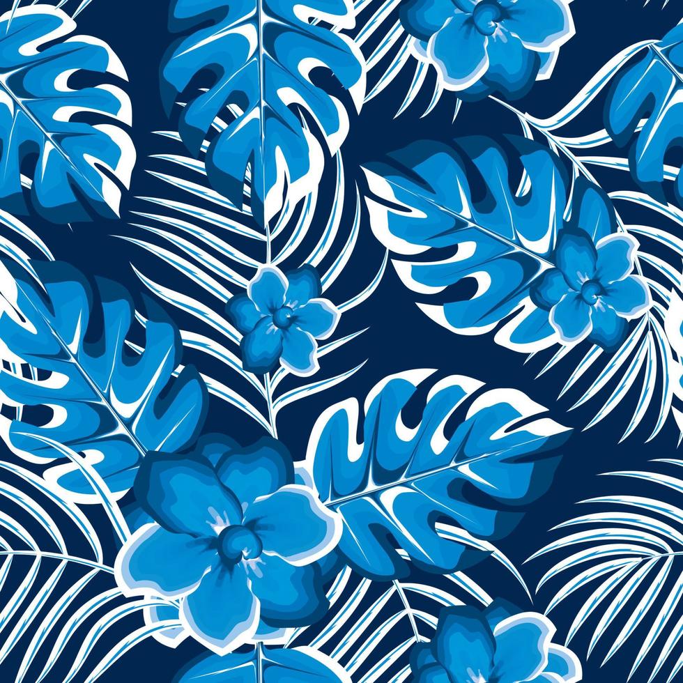 leuchtende pflanzen auf dem dunklen hintergrund mit blauen palmblättern, monstera-blatt und jasminblüten tropisches nahtloses muster modisch. Sommer-Vektor-Design. exotische tropentapete. tropische Textur vektor