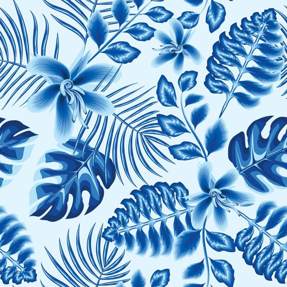 årgång tropisk löv sömlös mönster växter modern sommar design. Häftigt blommig tapet. enfärgad blå färger på ljus bakgrund. exotis tropisk. dekorativ vektor