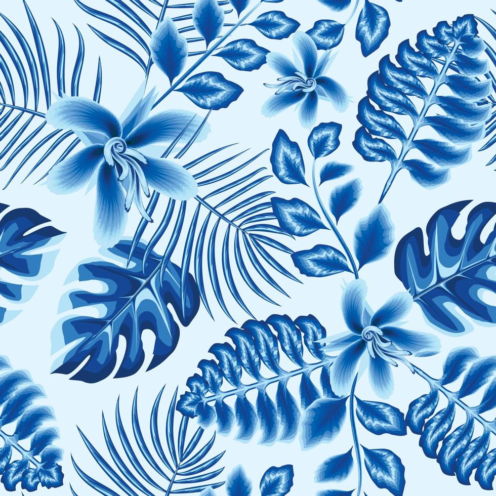 Vintage tropische Blätter Musterdesign Pflanzen modisches Sommerdesign. coole Blumentapete. monochromatische blaue farben auf hellem hintergrund. Exotis tropisch. dekorativ vektor