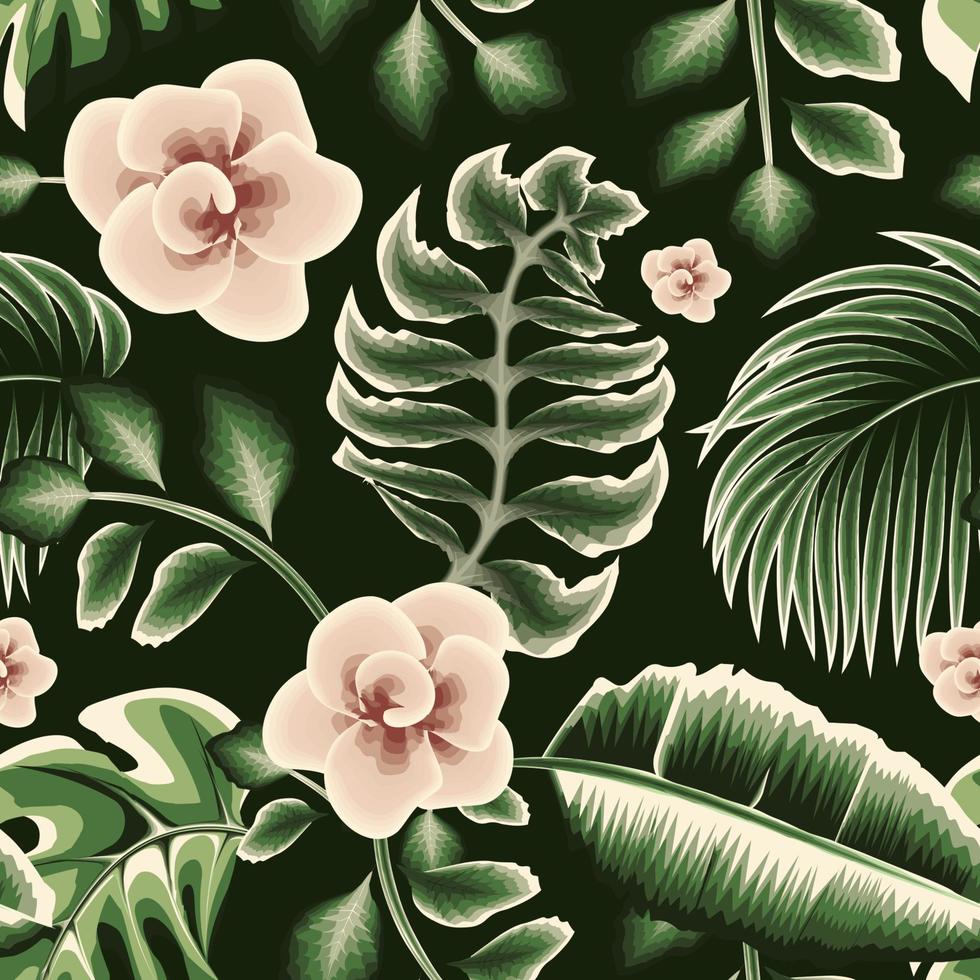 grön djungel illustration vektor design med tropisk sömlös mönster växt lövverk. beige abstrakt blomma, monstera handflatan banan blad i ett ram. modern skriva ut textur. natur tapet.