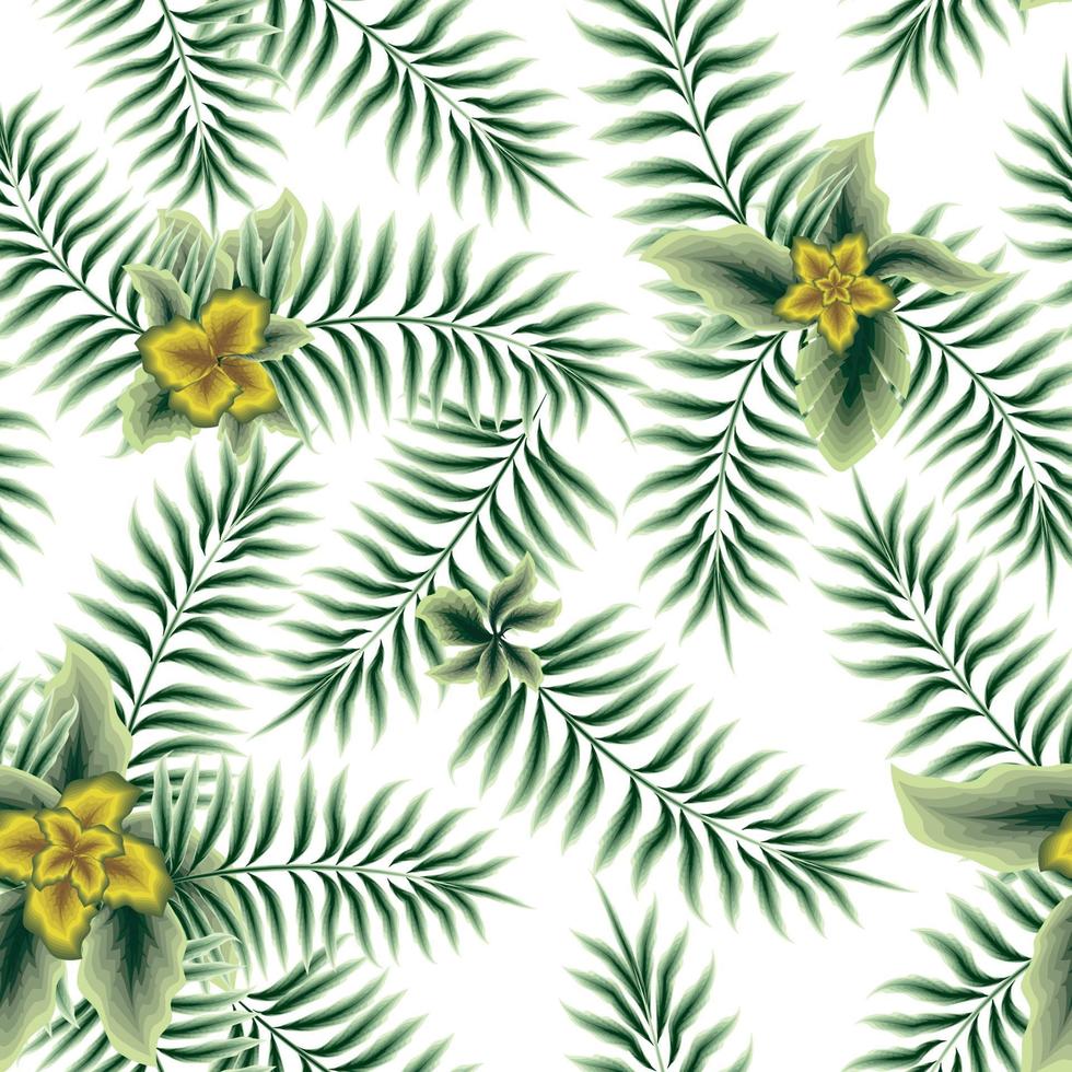 grüne Farnblatt tropische nahtlose Musterpflanzen mit gelber abstrakter Blume auf weißem Hintergrund. Sommer tropisch strukturiert. Blumentapete. nahtloses Vektordesign. modische Kunst. Naturtapete vektor