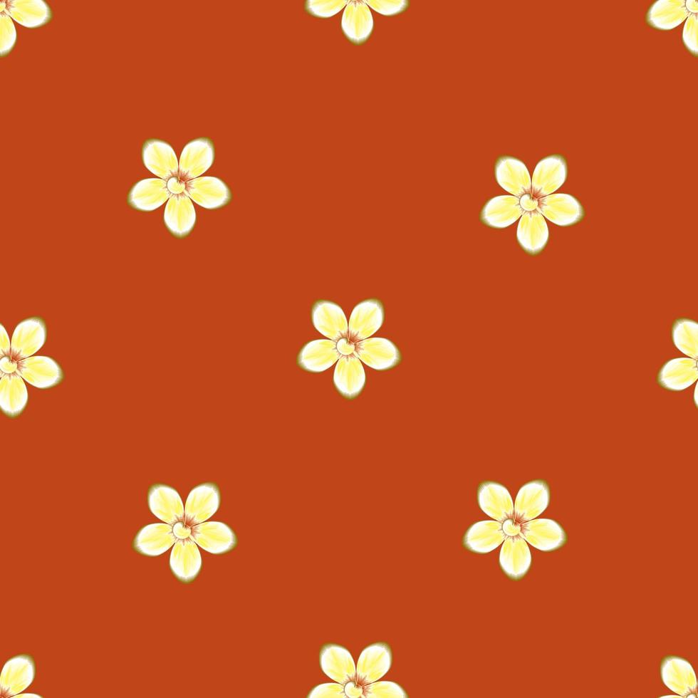 gelbe Frangipani-Blüten auf pastellorangefarbenem Hintergrund. Vektor Musterdesign Pflanzen in Mode. dekorativer Blumenhintergrund. Vektordesign. Drucktextur. Naturtapete
