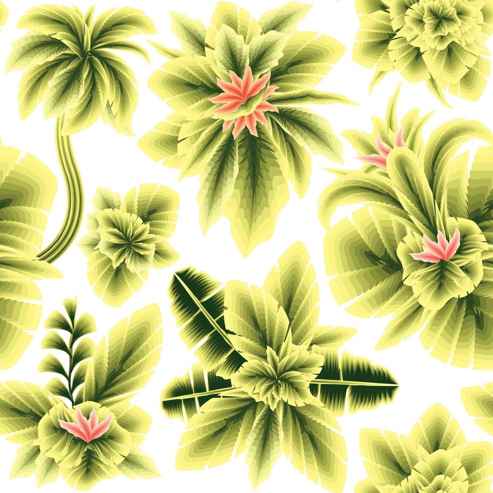 botanisk sömlös tropisk mönster med ljus växter och löv på vit bakgrund. sommar färgrik hawaiian sömlös mönster med tropisk växter. modern skriva ut textur. natur tapet vektor