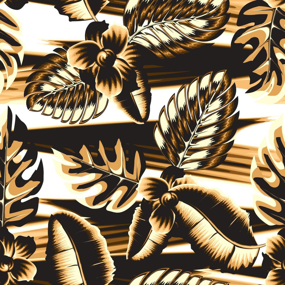 modern tropisk sömlös mönster med färgrik växter löv och abstrakt blommor i enfärgad Färg stil på abstrakt strand Vinka bakgrund. exotisk tropikerna. sommar tapet. höst dekor vektor