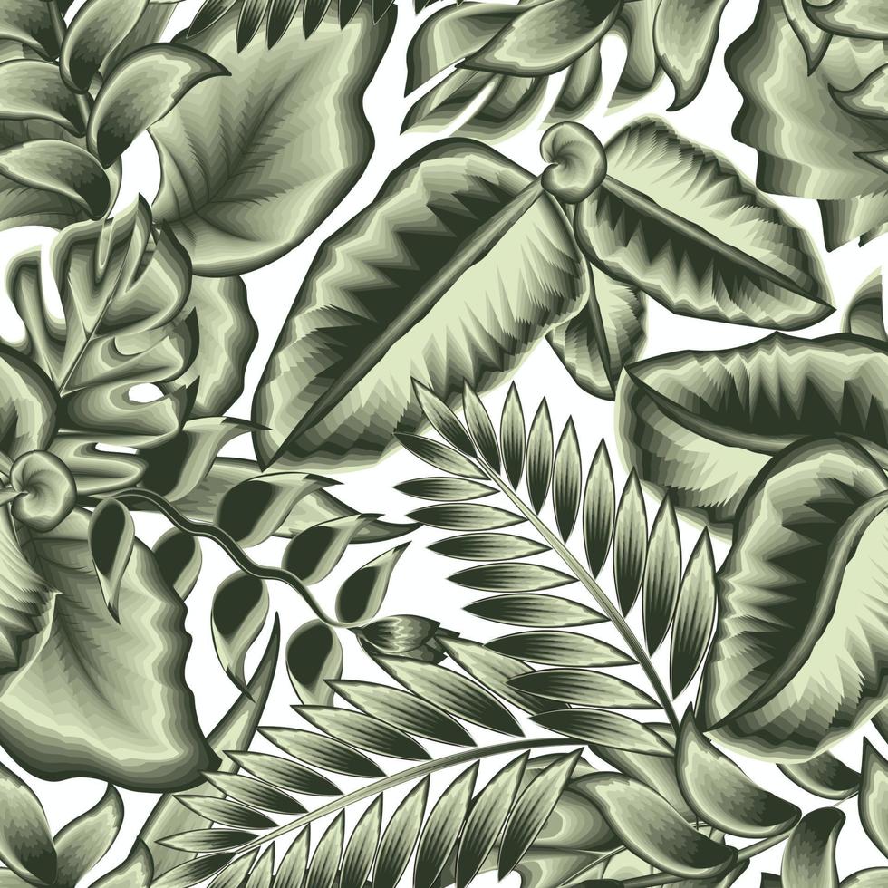 grüne Farbe monochromen Stil tropische Pflanzen nahtlose Muster modischer Vektor mit Monstera-Blättern, Bananenblatt und Heliconia-Blume auf weißem Hintergrund. exotische Tropen. Naturtapete
