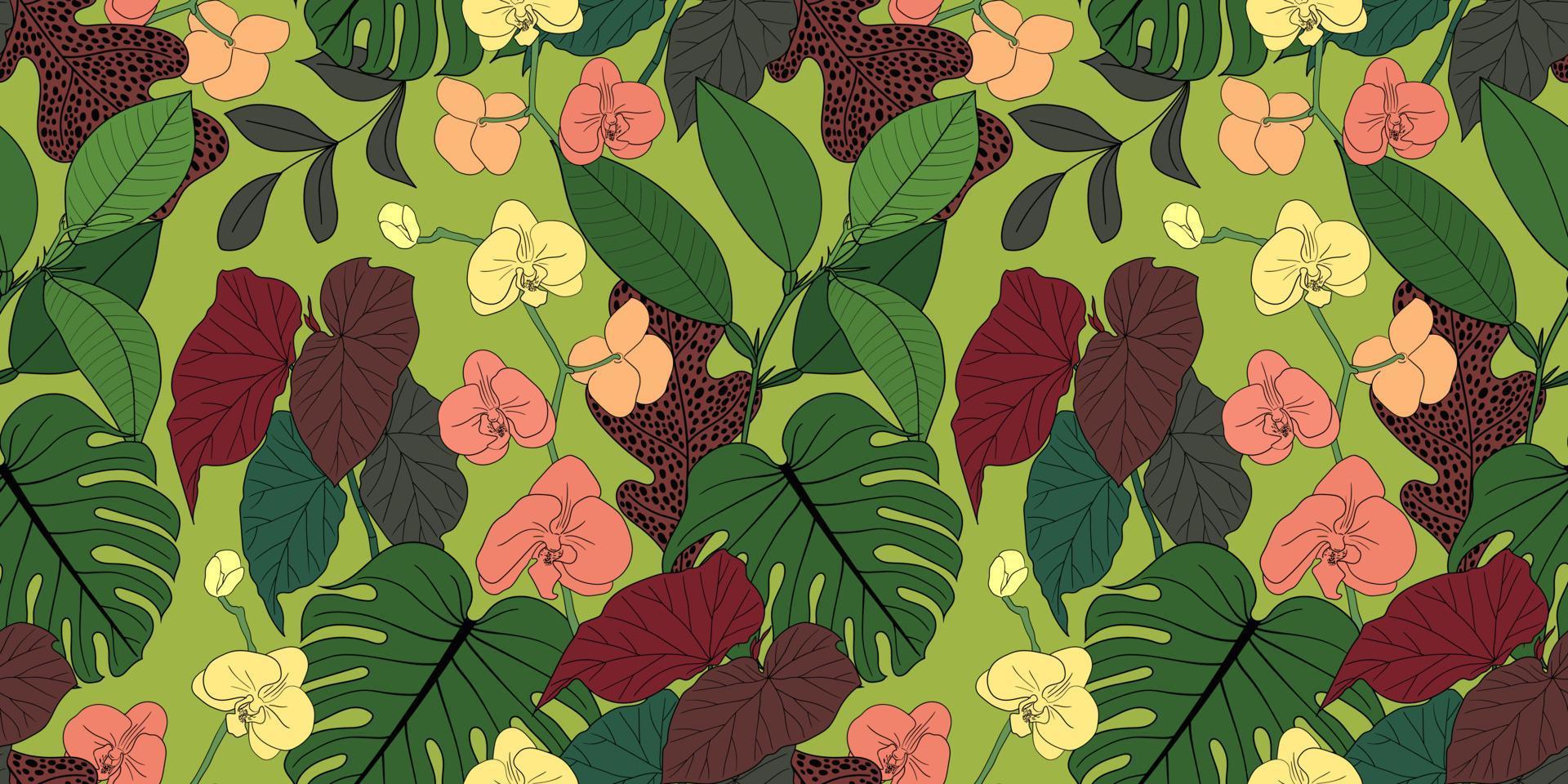 Vektornahtloses hellgrünes Banner mit blühenden Orchideen und bunten tropischen Pflanzen vektor