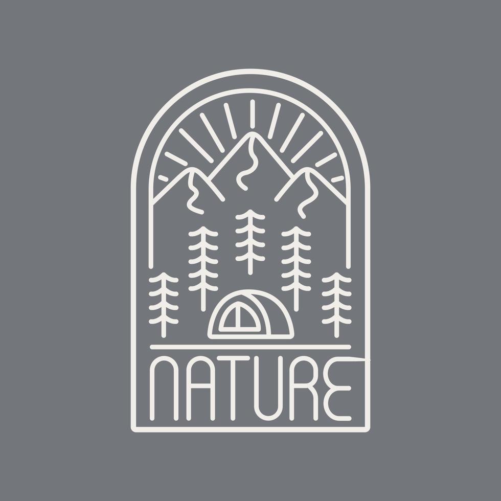 Naturcamp und Berg in Mono-Linie für Abzeichen-Patch-Emblem-Grafik-Vektorkunst-T-Shirt-Design vektor