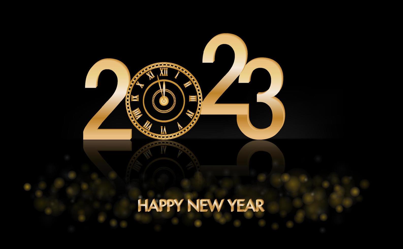 Lycklig ny år 2023 med lyx klocka ny år lysande bakgrund med guld klocka. vektor