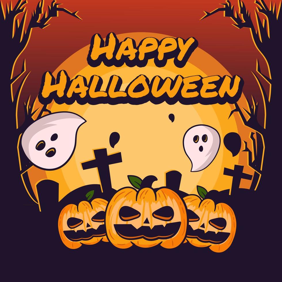 Lycklig halloween bakgrund med pumpa och spöke på läskigt träd vektor